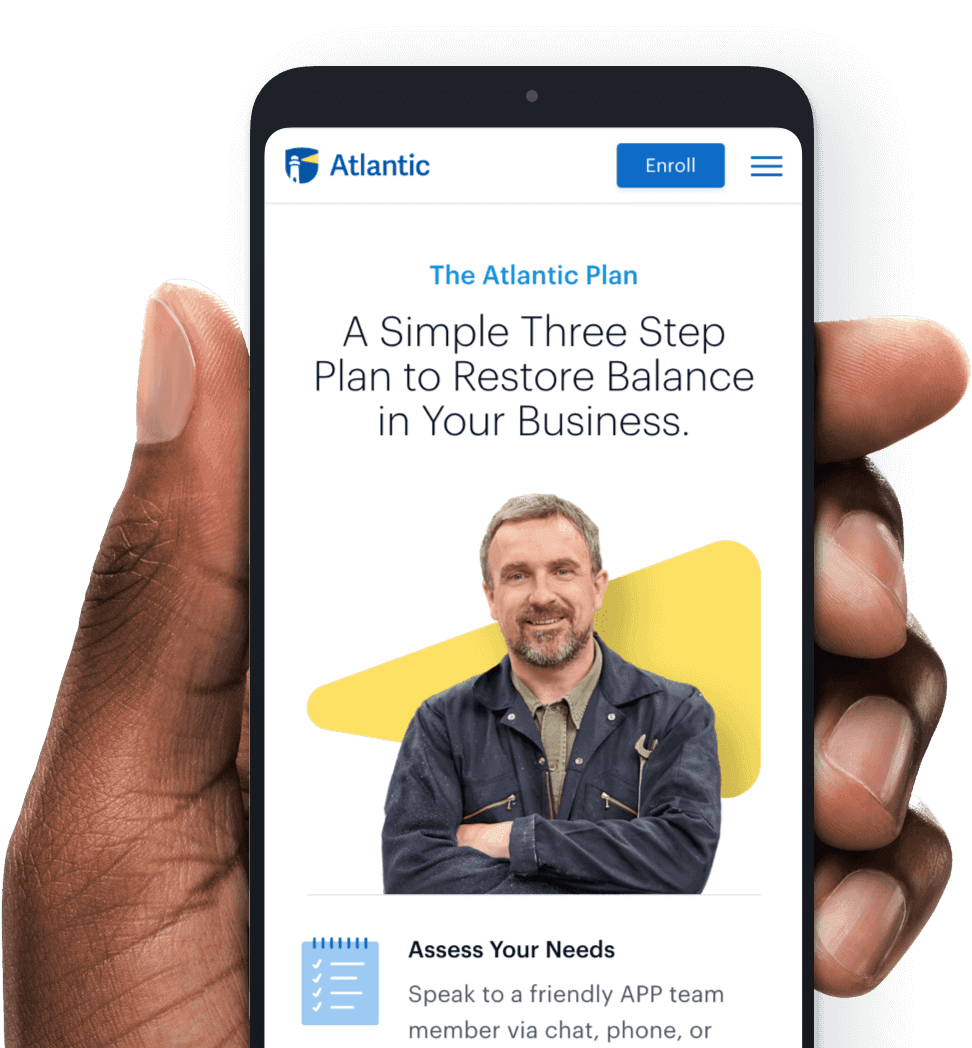 Atlantic Payroll mobile app interface showing The Atlantic Plan onboarding screen with three-step business balance restoration process and professional business owner photo Atlantic Payroll mobile app interface showing The Atlantic Plan onboarding screen with three-step business balance restoration process and professional business owner photo