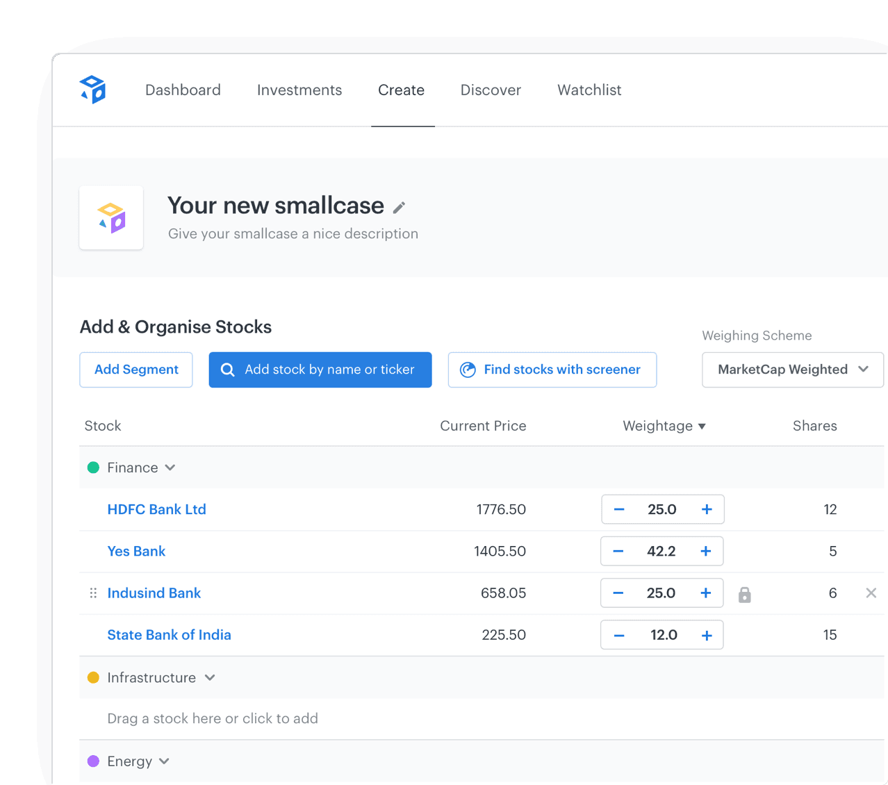 Smallcase investment platform interface showing portfolio creation screen with stock selection, segmentation, and market cap weighted allocation for finance sector stocks Smallcase investment platform interface showing portfolio creation screen with stock selection, segmentation, and market cap weighted allocation for finance sector stocks